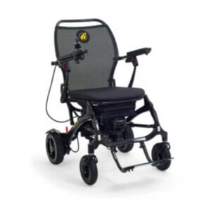 A lightweight electric wheelchair with a mesh backrest, padded seat, joystick controller on the armrest, and four wheels.