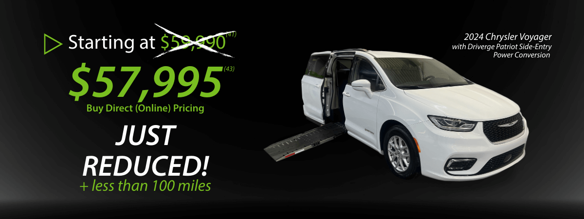 2024 Chrysler Voyager wheelchair-accessible van priced at $57,995, advertised as just reduced with less than 100 miles, shown with side-entry ramp extended.