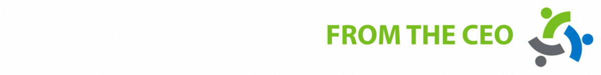 Green text reads FROM THE CEO next to a graphic of three abstract human figures in green, grey, and blue forming a circular shape.