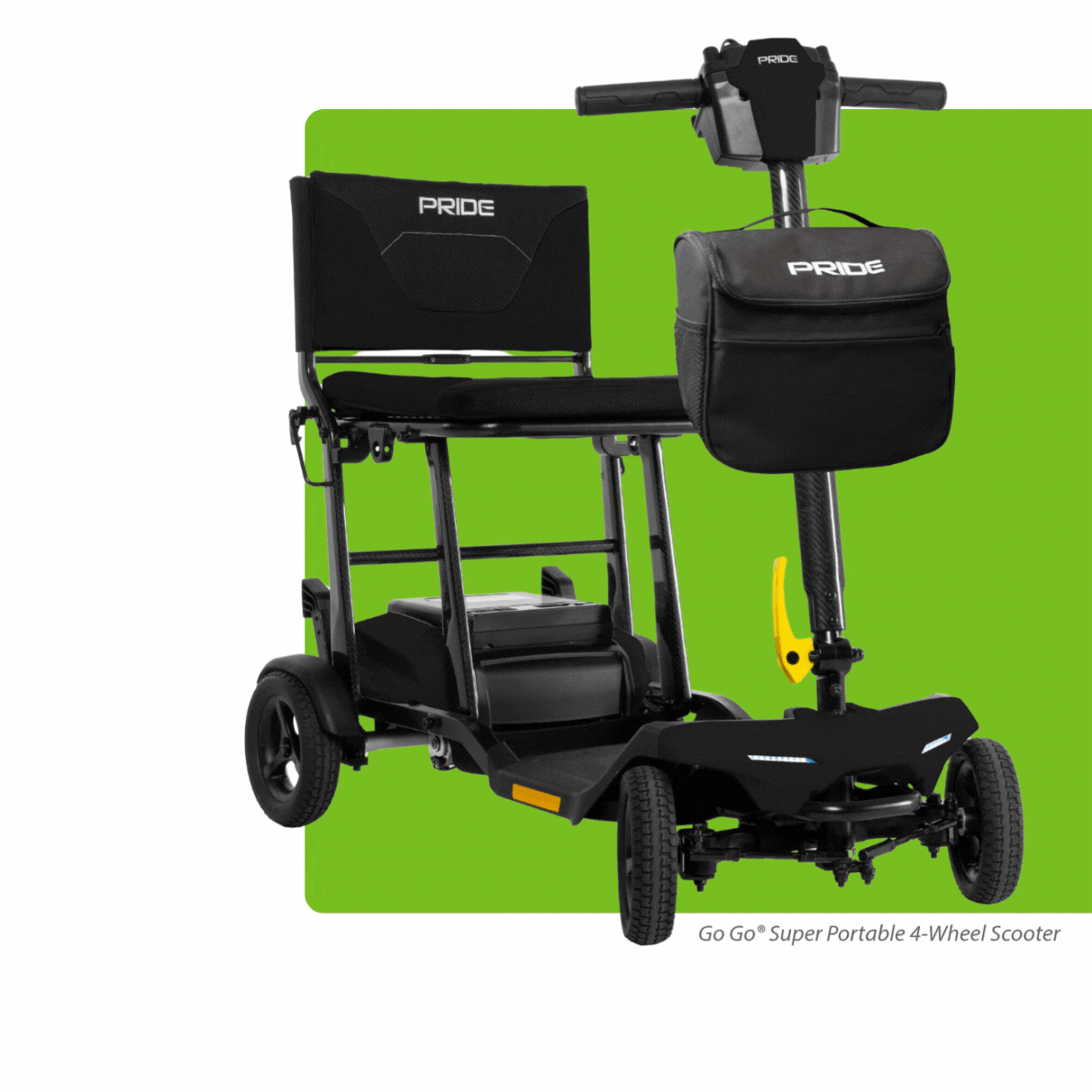 A black Pride Go Go Super Portable 4-Wheel Scooter is shown against a green background, featuring a cushioned seat, handlebars, and a storage pouch on the front.
