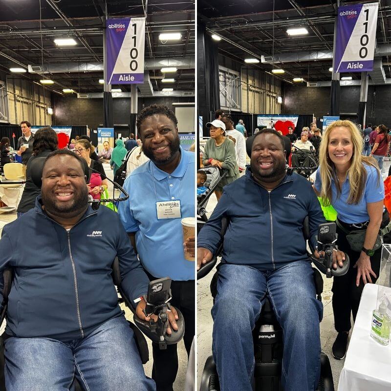 Two photos side by side show a man in a wheelchair at an indoor event, posing with different people under aisle signs reading 1100—perhaps discussing accessibility or showcasing a new wheelchair van.