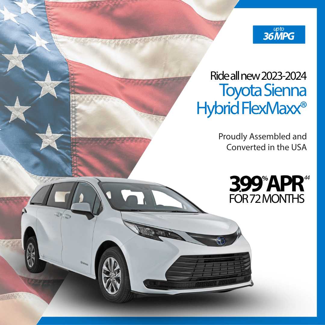 A white Toyota Sienna Hybrid FlexMaxx minivan is shown in front of an American flag background with promotional leasing details on the right, highlighting exclusive MobilityWorks promotions.