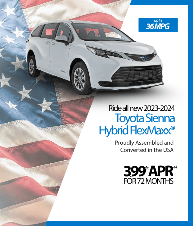 A white 2023-2024 Toyota Sienna Hybrid FlexMaxx is shown over a U.S. flag background, advertising 36 MPG, 3.99% APR for 72 months, and U.S. assembly and conversion.
