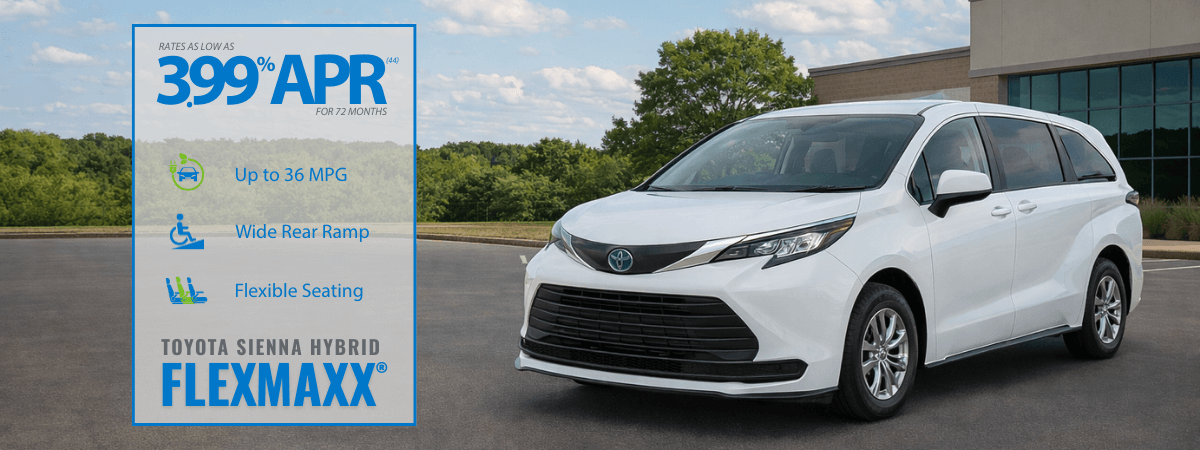 White Toyota Sienna Hybrid minivan parked outside a building; highlighted features include 3.99% APR, up to 36 MPG, wide rear ramp, and flexible seating.