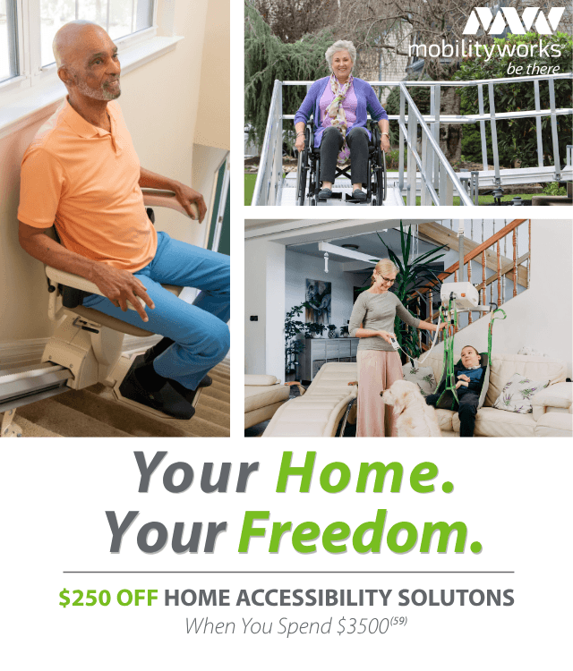 Three images show people using home accessibility solutions: a man on a stair lift, a woman on a wheelchair ramp, and a woman assisting another with a lift device.