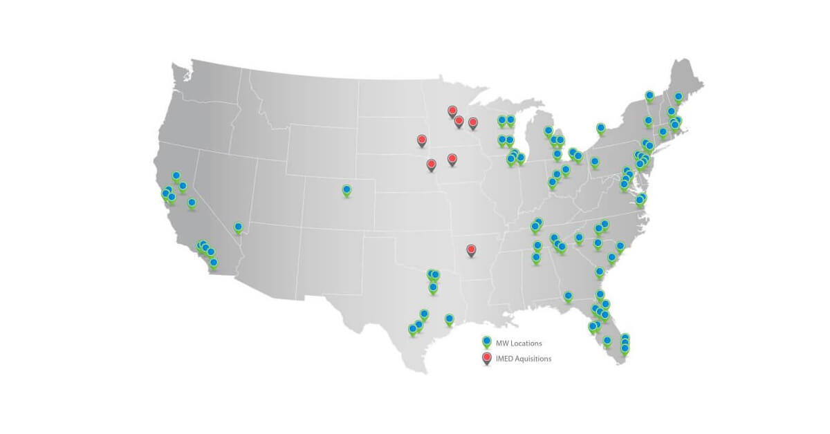 mapa de EE. UU. con pines verdes para MobilityWorks y pines rojos para ubicaciones IMED