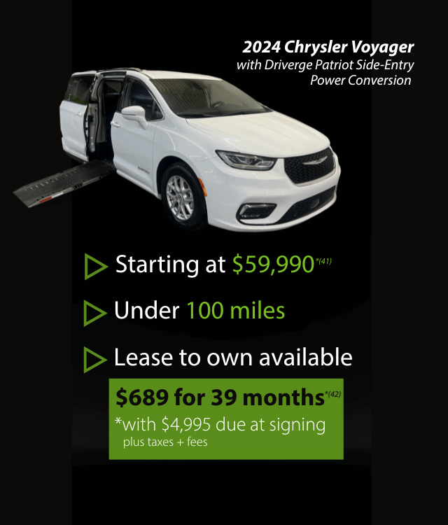 A white 2024 Chrysler Voyager with a side-entry ramp is shown. Text lists price at $59,990, under 100 miles, and lease options at $689 for 39 months with $4,995 due at signing.