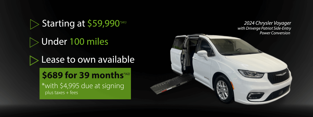 A white 2024 Chrysler Voyager with a side-entry power wheelchair ramp is shown. Price, mileage, and lease details are listed on a black background.