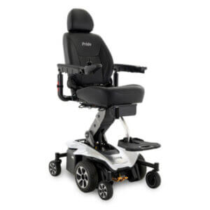 A black and white electric power wheelchair with a padded seat, armrests, joystick control, and adjustable footrest.