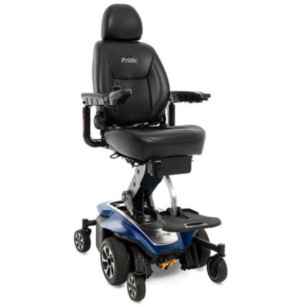 A black and blue motorized wheelchair with adjustable seat height, armrests, headrest, and footrest, shown on a white background.