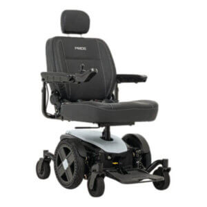 A black electric wheelchair with a padded seat, adjustable armrests, headrest, and joystick control is shown on a white background.