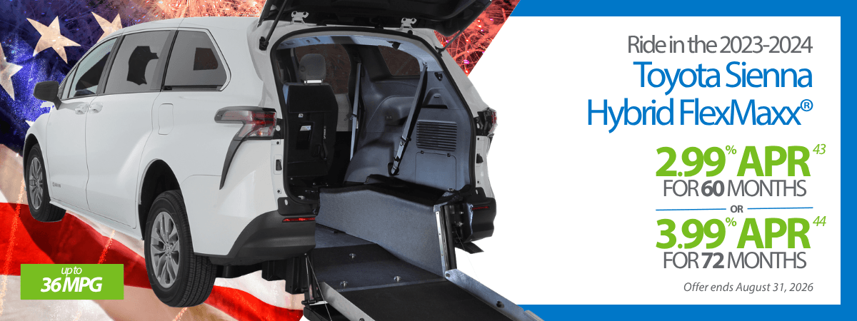 A white Toyota Sienna Hybrid FlexMaxx with a wheelchair ramp is showcased against an American flag background, alongside promotional financing rates and fuel efficiency details.