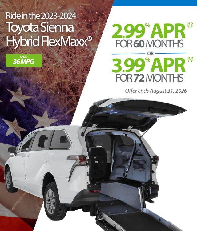 A white 2023-2024 Toyota Sienna Hybrid FlexMaxx with an open rear entry ramp is shown next to financing offers and MPG details, with an American flag in the background.