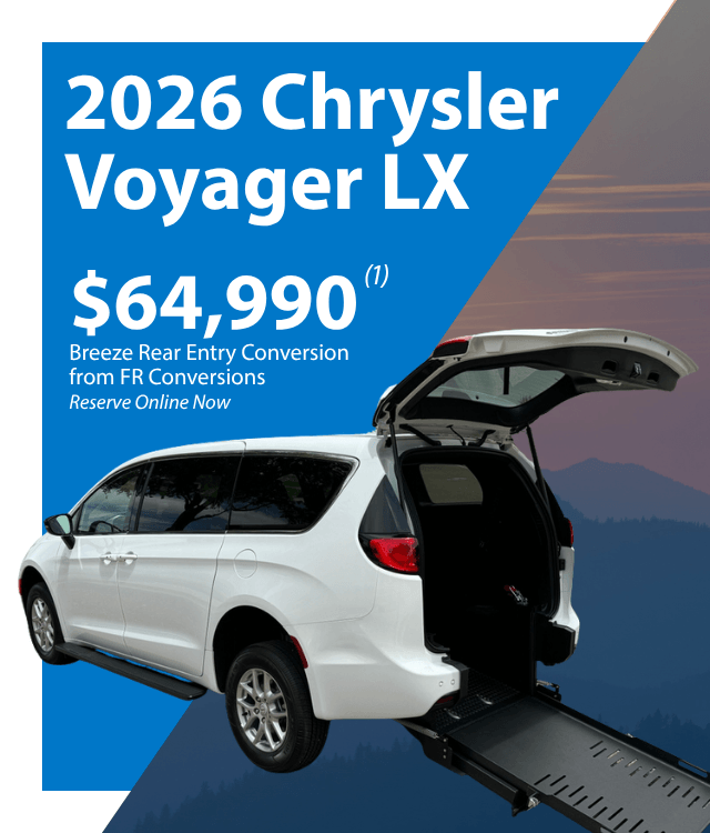 White 2026 Chrysler Voyager LX minivan with rear entry ramp extended, displayed with pricing and conversion information on a blue background.