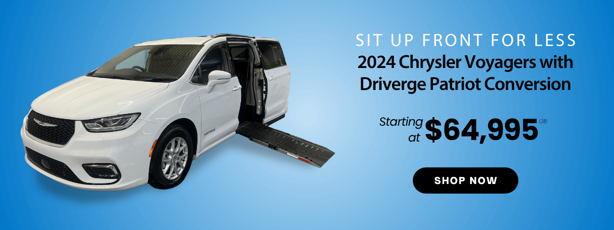 White Chrysler Voyager minivan with wheelchair ramp extended, promotional text for 2024 model and pricing starting at $64,995 displayed on a blue gradient background.