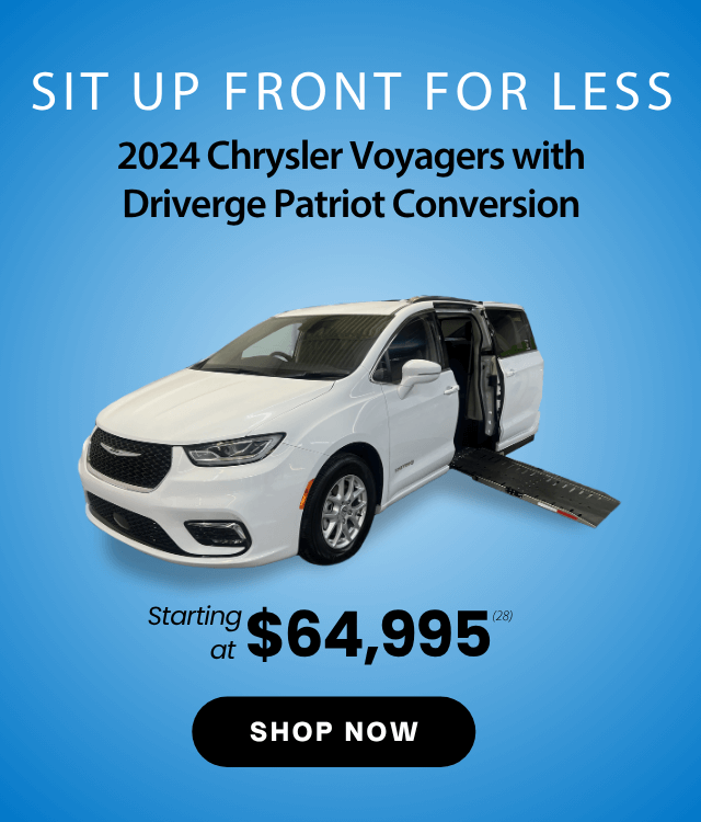White 2024 Chrysler Voyager van with a deployed side wheelchair ramp, advertised for $64,995 with Driverge Patriot Conversion on a blue background. Shop Now button at the bottom.