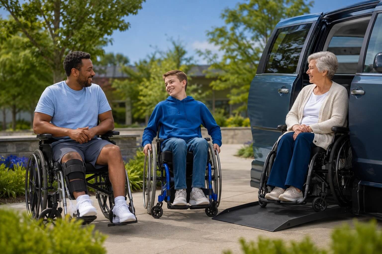 Three people in wheelchairs, including one boy, sit and talk outside near a van with a wheelchair ramp, surrounded by greenery on a sunny day.