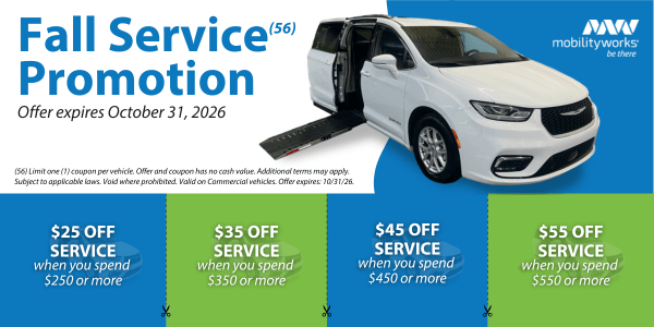 A white wheelchair-accessible van with ramp extended, alongside coupons offering MobilityWorks promotions and service discounts of $25, $35, $45, and $55 based on spending thresholds. Offer expires October 31, 2026.
