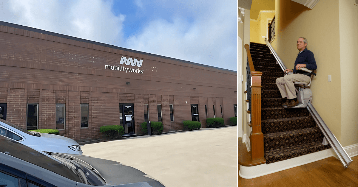 A MobilityWorks building exterior with parked cars on the left; on the right, an older man rides a stairlift up a carpeted staircase inside a house.