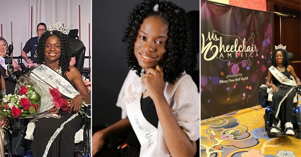 A woman wearing a crown and sash sits in a wheelchair at a pageant event, holding flowers and smiling for photos.