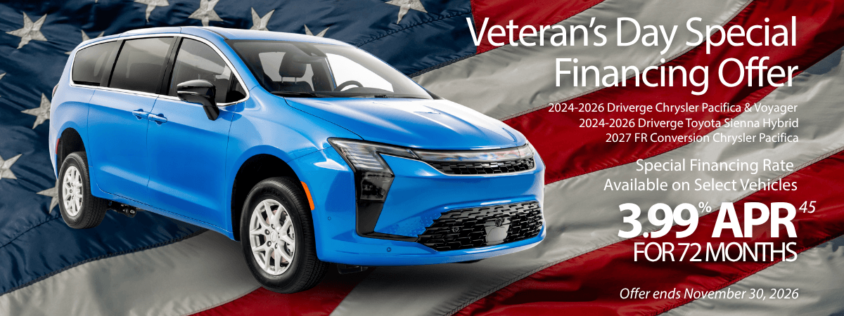 Blue minivan against an American flag background with text advertising a Veterans Day special financing offer of 3.99% APR for 72 months on select models, ending November 30, 2026.