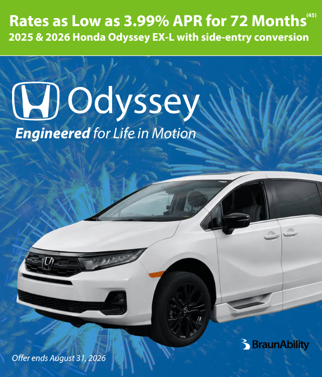 A white 2025 or 2026 Honda Odyssey EX-L with side-entry conversion is shown against a blue background with fireworks. Text advertises rates as low as 3.99% APR for 72 months.