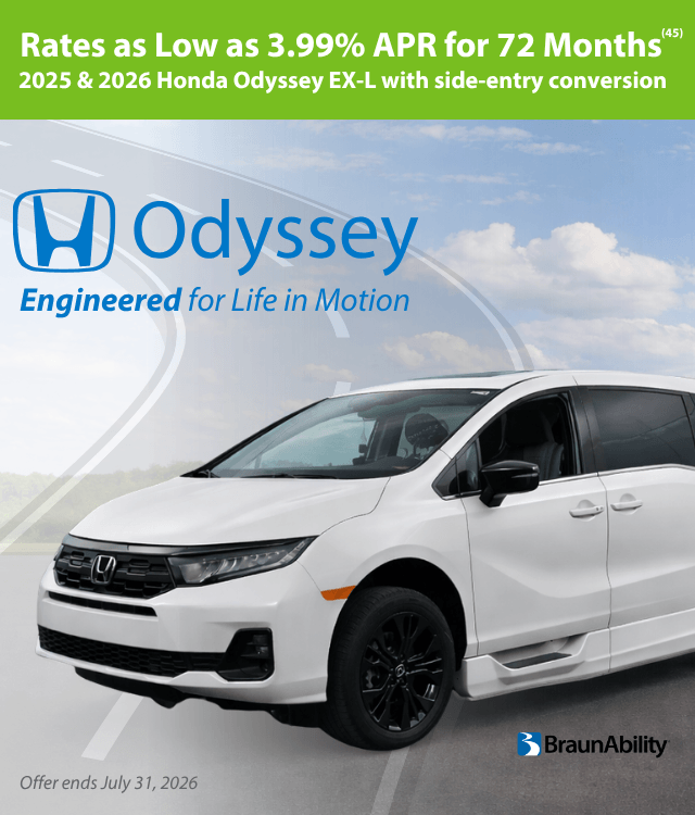 White Honda Odyssey EX-L with BraunAbility side-entry conversion parked outdoors. Take advantage of MobilityWorks promotions: 3.99% APR for 72 months on 2025 & 2026 models. Offer ends July 31, 2026.