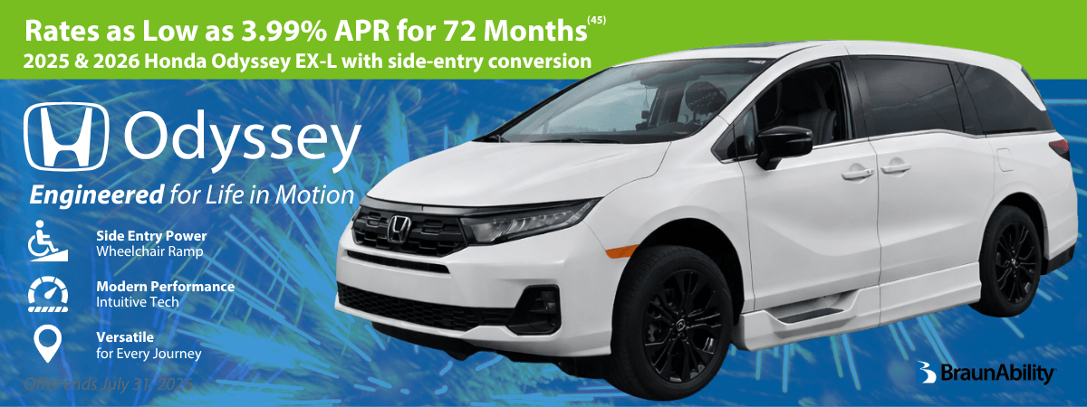 A white Honda Odyssey EX-L with side-entry wheelchair conversion is displayed, promoting 3.99% APR financing for 72 months; BraunAbility and feature icons are shown.