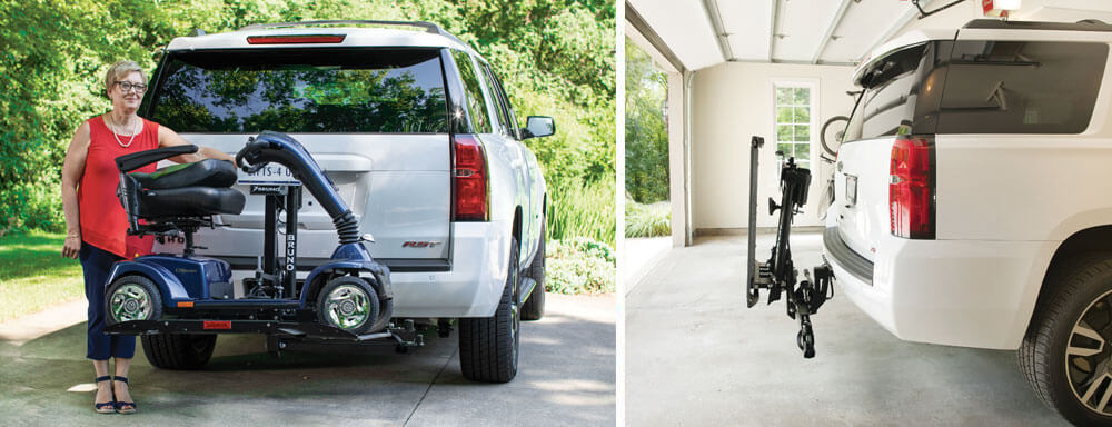 Scooter lift with scooter on back of white SUV and picture of SUV with lift on back inside a garage.
