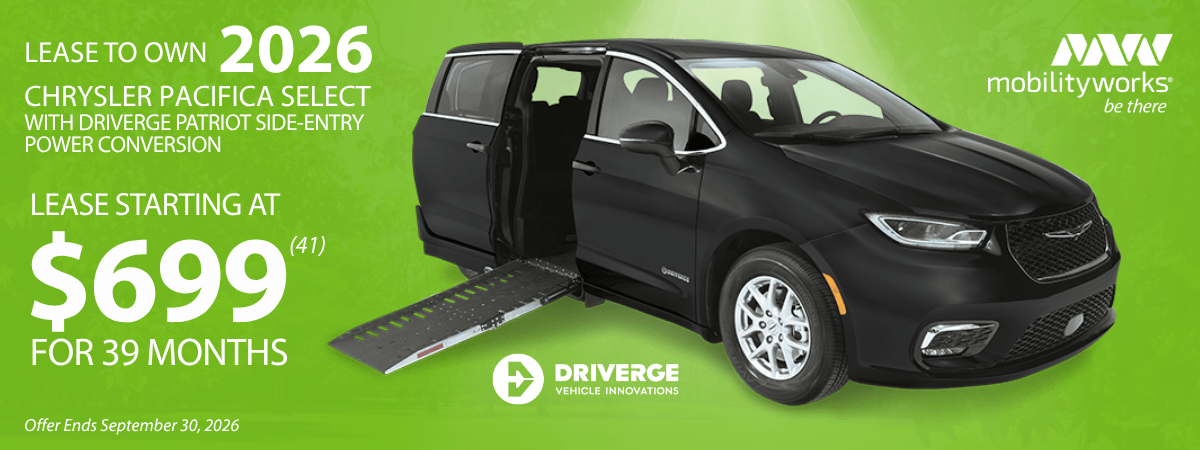 Black 2026 Chrysler Pacifica with side-entry wheelchair ramp shown; lease offer details and MobilityWorks and Driverge logos displayed on a green background.