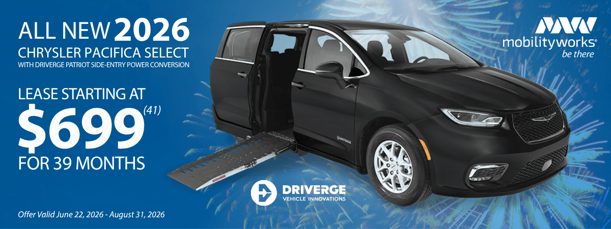 Black 2026 Chrysler Pacifica Select with side-entry wheelchair ramp, advertised for lease at $699/month for 39 months by MobilityWorks. Offer valid June 22 to August 31, 2026.