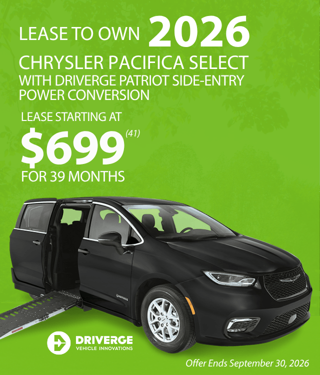 Black Chrysler Pacifica with side-entry ramp on green background. Lease to own offer for $699/month for 39 months. Offer ends September 30, 2026.