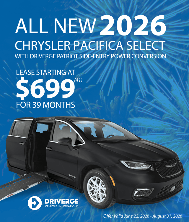 2026 Chrysler Pacifica Select with side-entry power ramp shown. Lease offer: $699/month for 39 months. Offer valid June 22–August 31, 2026. Blue fireworks background.