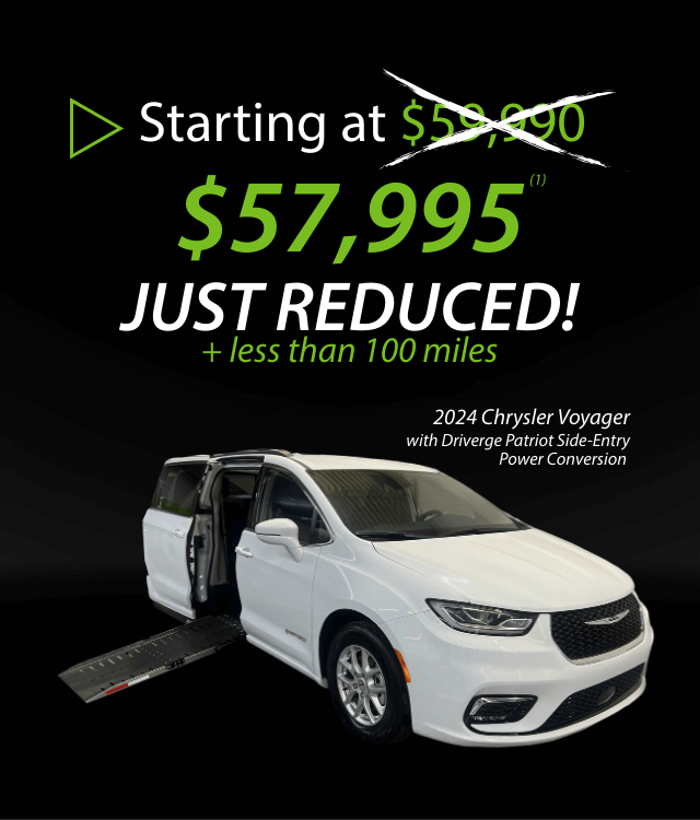 White 2024 Chrysler Voyager with side-entry wheelchair ramp shown; bold text advertises reduced price of $57,995 and states the vehicle has less than 100 miles.