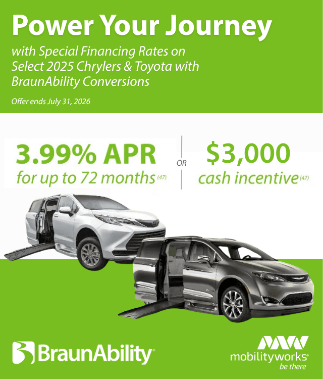 Two accessible vans with ramps are shown. Text promotes 2025 Chryslers and Toyotas with BraunAbility conversions, offering 3.99% APR or $2,000 cash incentive. Offer ends May 31, 2026.