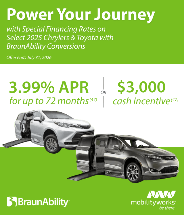 Two accessible vans with ramps are shown. Text promotes 2025 Chryslers and Toyotas with BraunAbility conversions, offering 3.99% APR or $2,000 cash incentive. Offer ends May 31, 2026.