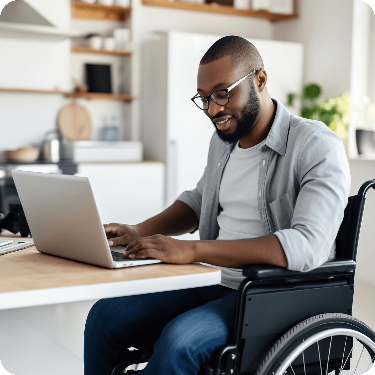 A man in a wheelchair works on a laptop at a table in a modern kitchen, appearing focused and engaged with his task.