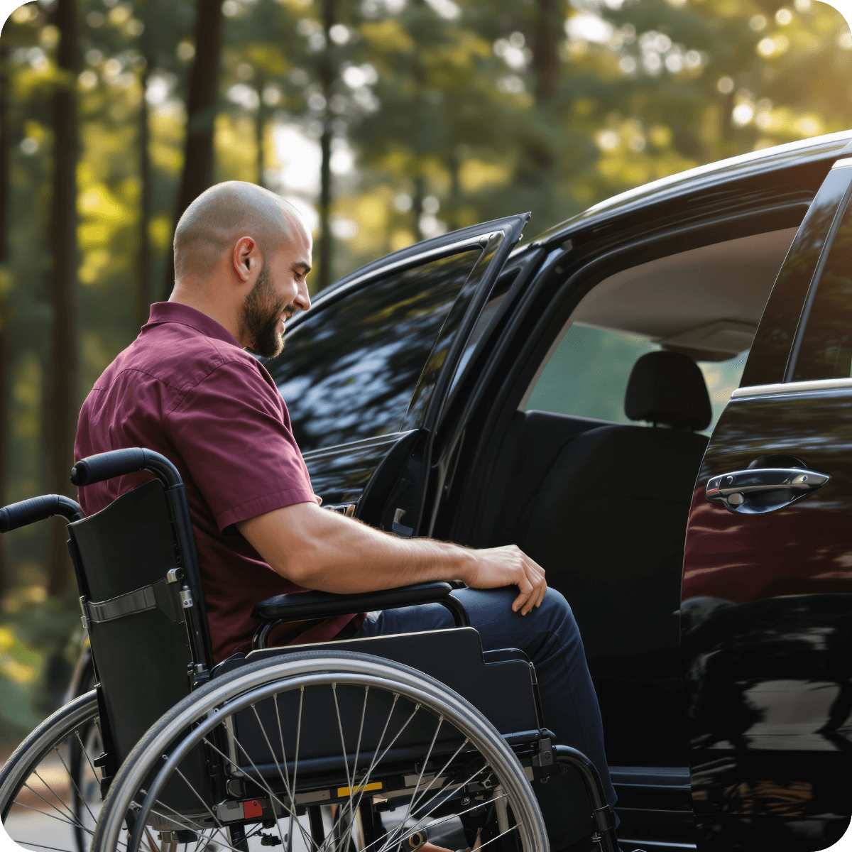 A man in a wheelchair sits beside an open car door in an outdoor setting with trees in the background.