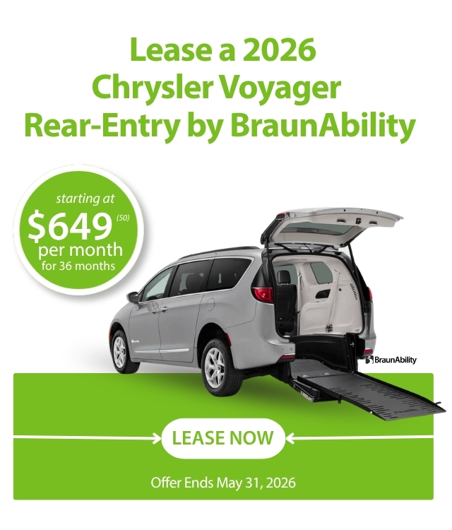 A gray 2026 Chrysler Voyager with a rear-entry wheelchair ramp is shown, offering a lease at $649 per month for 36 months. Offer ends May 31, 2026.