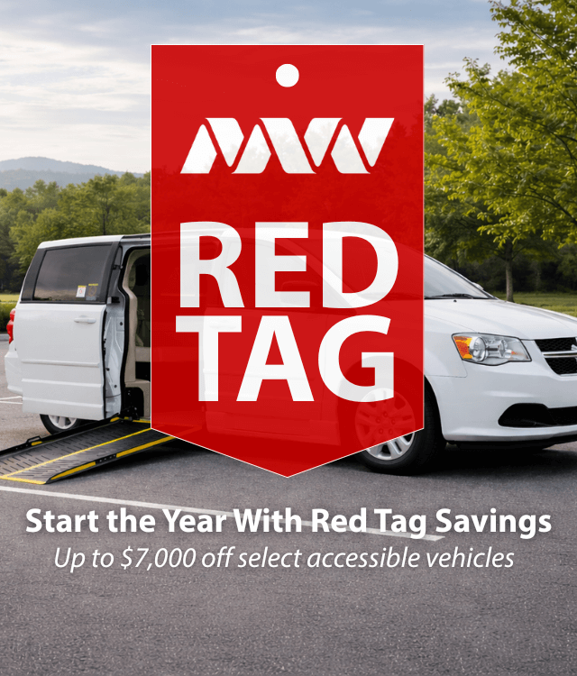 A white accessible van with a deployed ramp is parked outdoors. A large red tag graphic promotes up to $7,000 off select accessible vehicles.