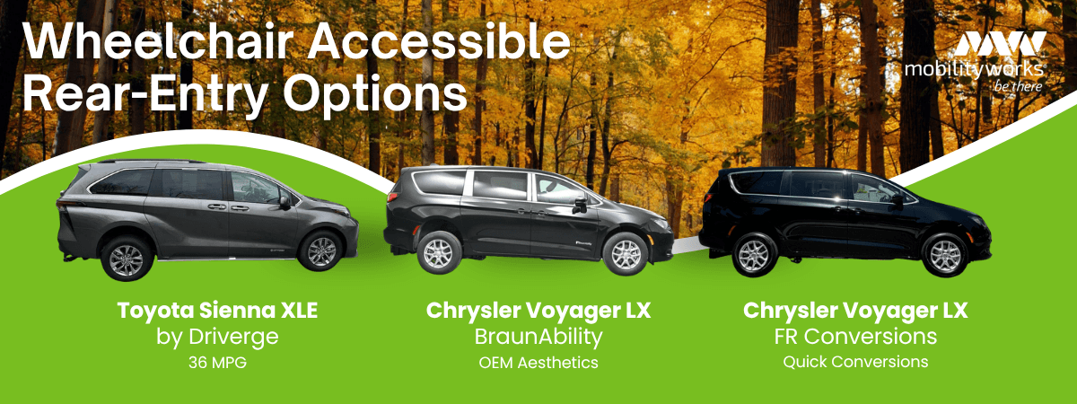 Three wheelchair accessible minivans are shown: Toyota Sienna XLE, Chrysler Voyager LX by BraunAbility, and by FR Conversions—discover MobilityWorks promotions on these models.