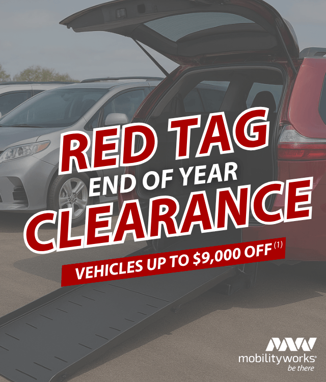 A red tag sale banner for MobilityWorks promotions advertises end-of-year clearance with vehicles up to $9,000 off, over an image of accessible vans with a deployed ramp.