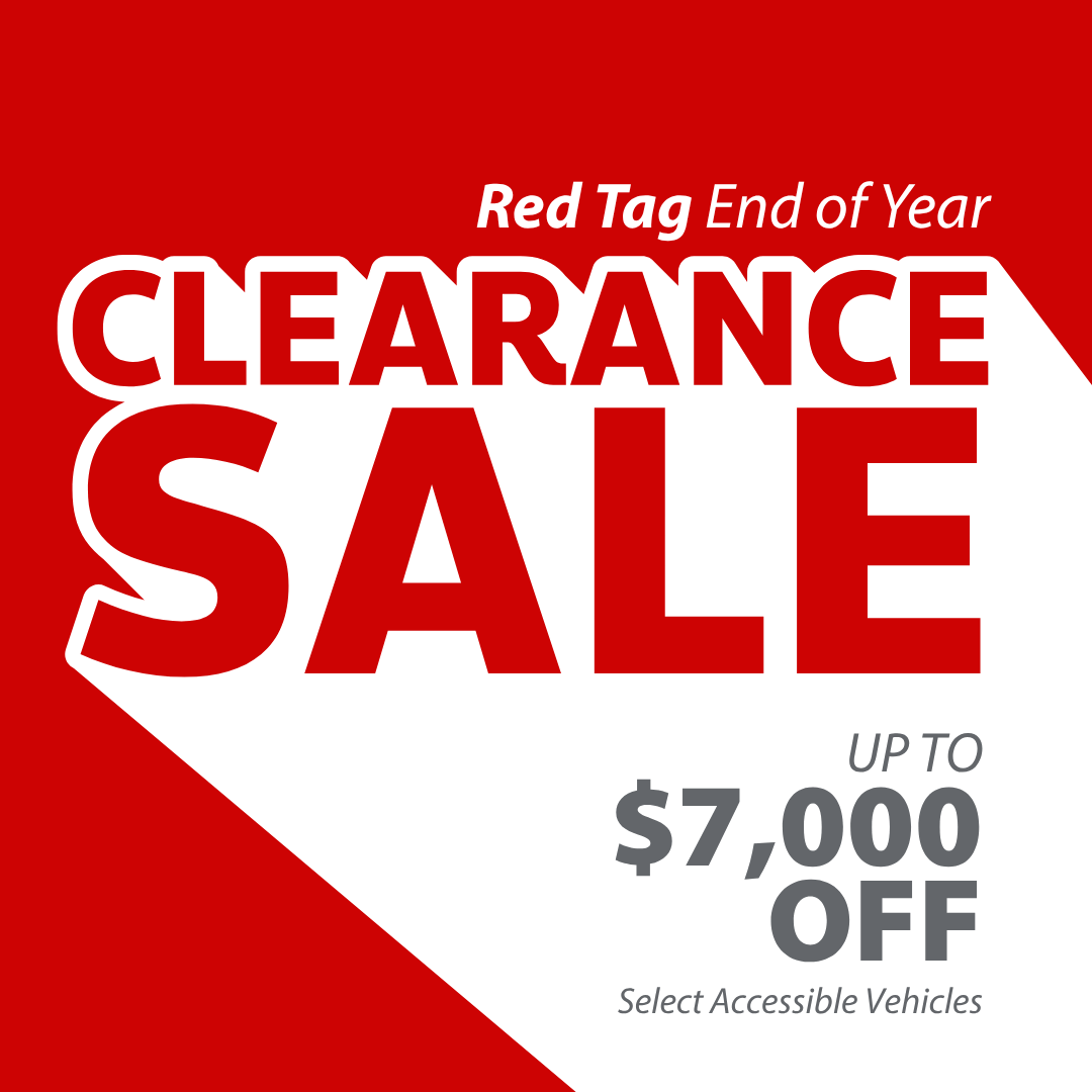 Red Tag End of Year Clearance Sale banner featuring MobilityWorks promotions—advertising up to $7,000 off select accessible vehicles in bold red and white text.