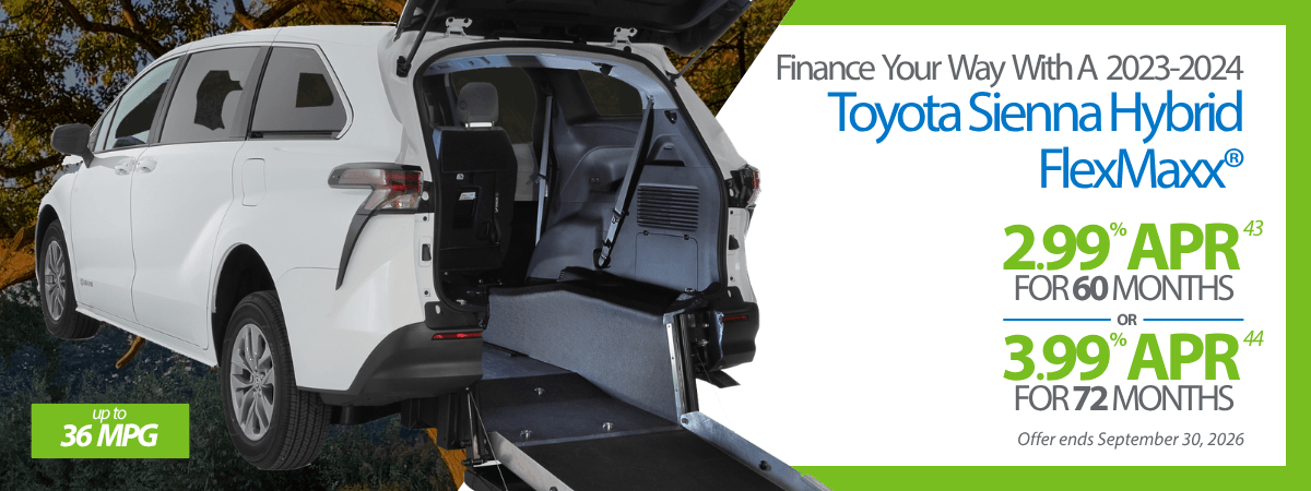 White Toyota Sienna Hybrid FlexiMaxx with rear wheelchair ramp extended, promotional financing rates and MPG highlighted on the right.