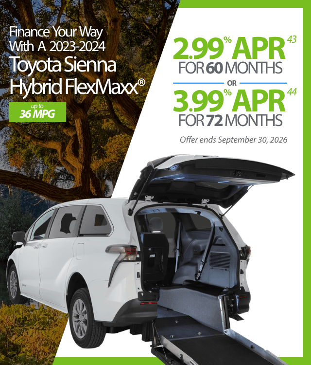 White Toyota Sienna Hybrid with rear ramp extended, promoting 2.99% APR for 60 months or 3.99% APR for 72 months. Offer ends September 30, 2026. Up to 36 MPG.