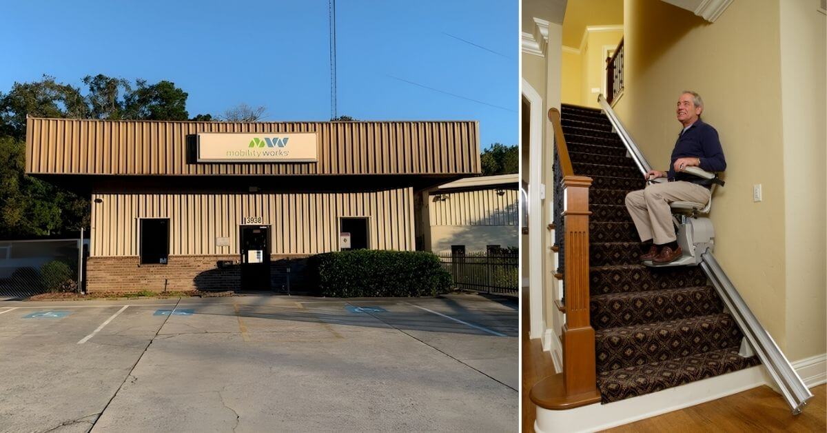 The image shows a Mobility Works storefront with parking spaces outside, and an older man using a stair lift inside a home.