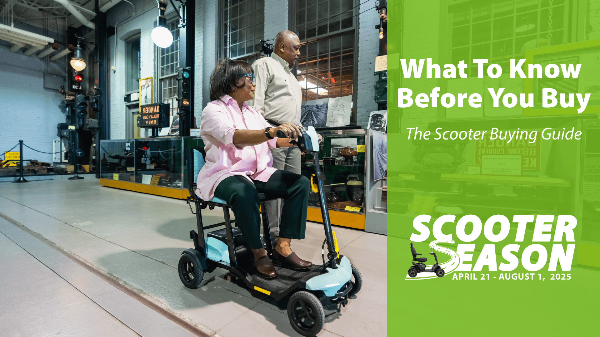 An older woman rides a mobility scooter indoors while a man walks beside her. Text on image promotes a scooter buying guide and scooter season event from April 21 to August 1, 2025.