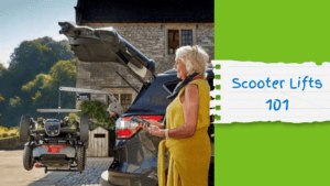 An older woman uses a remote to operate a scooter lift attached to the back of an SUV. Text on the right reads Scooter Lifts 101 on a green background.
