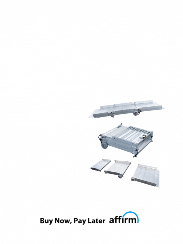 Collapsible metal ramps in different folded and unfolded positions with Buy Now, Pay Later Affirm text at the bottom.