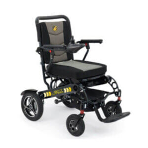 A black and gray motorized wheelchair with a cushioned seat, joystick control on the armrest, and four wheels on a white background.